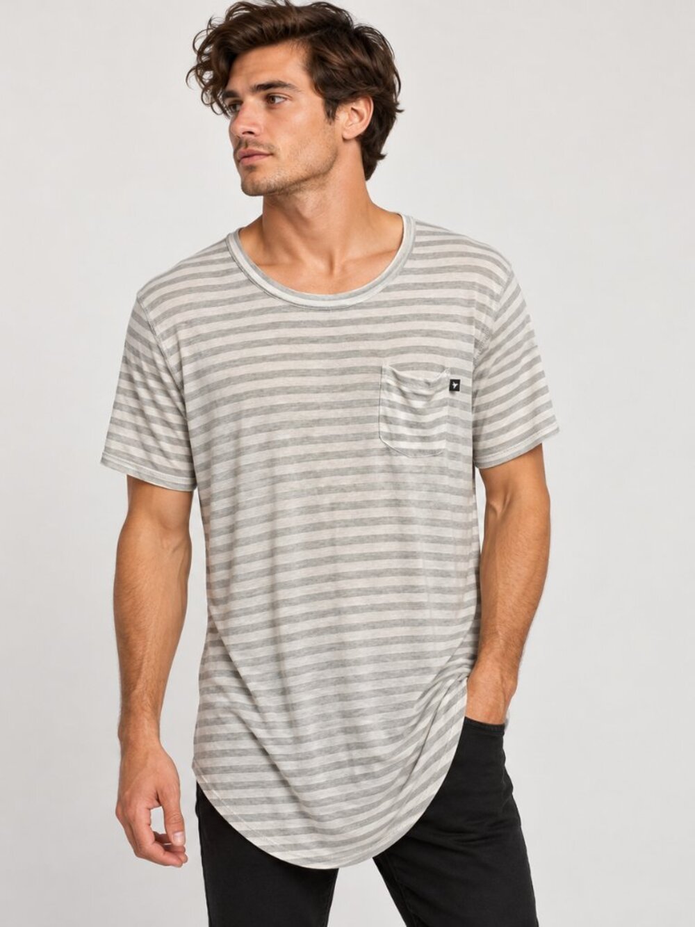 KONUS Men’s Large Gray White Striped Longline Pocket Tee Made in USA